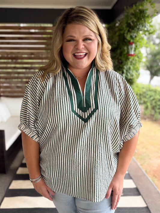 Trending into Fall Curvy Green Dolman Stripe Top