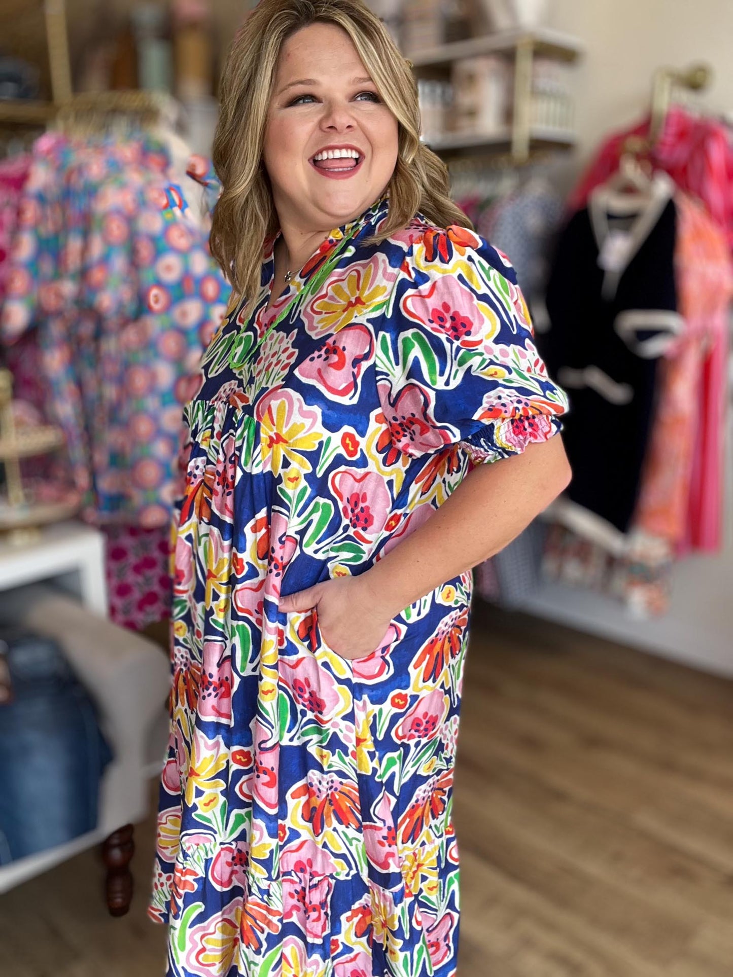 Tropic Like It's Hot Curvy Blue Floral Midi Dress