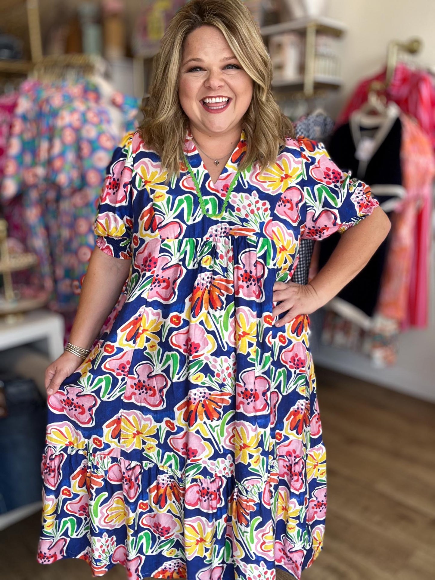 Tropic Like It's Hot Curvy Blue Floral Midi Dress