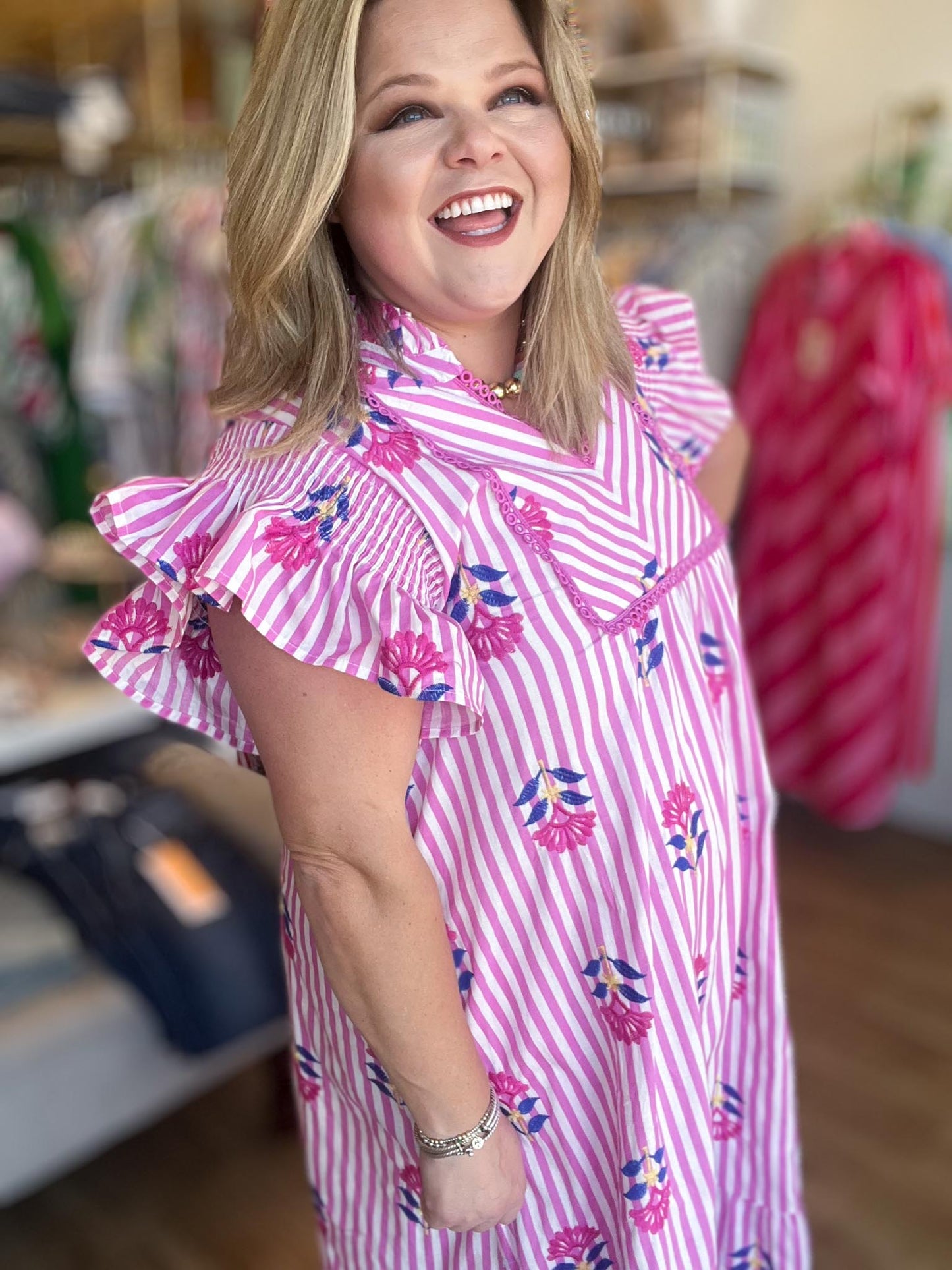 Tropical Taffy Curvy Pink Stripe Embroidered Midi Dress