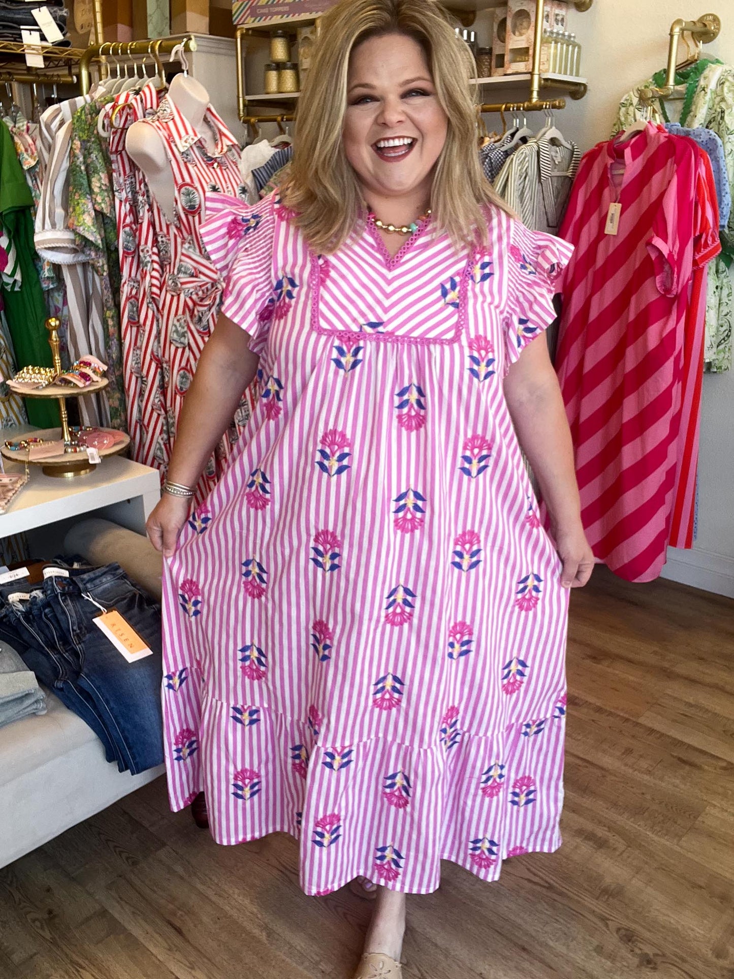 Tropical Taffy Curvy Pink Stripe Embroidered Midi Dress