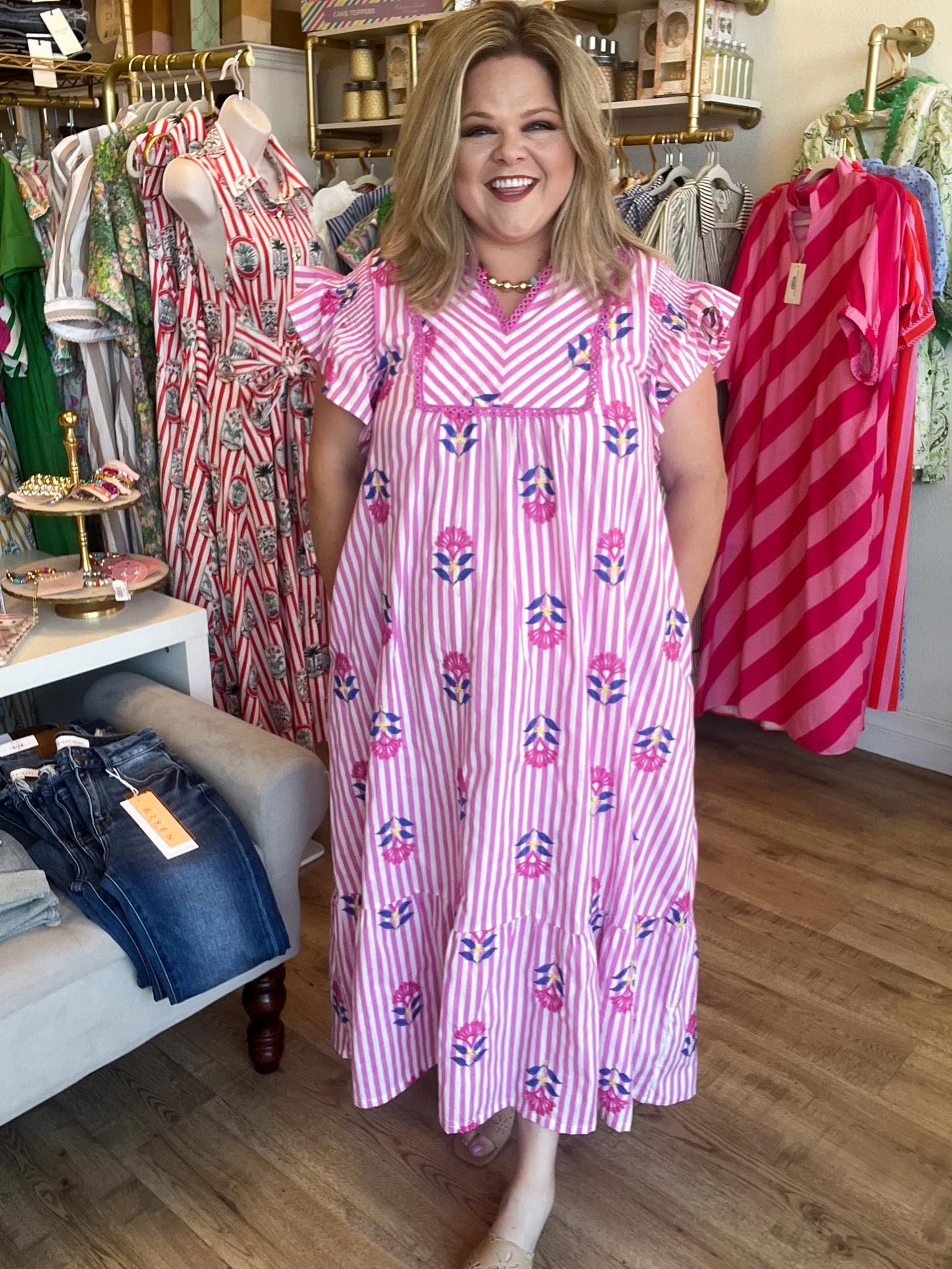 Tropical Taffy Curvy Pink Stripe Embroidered Midi Dress