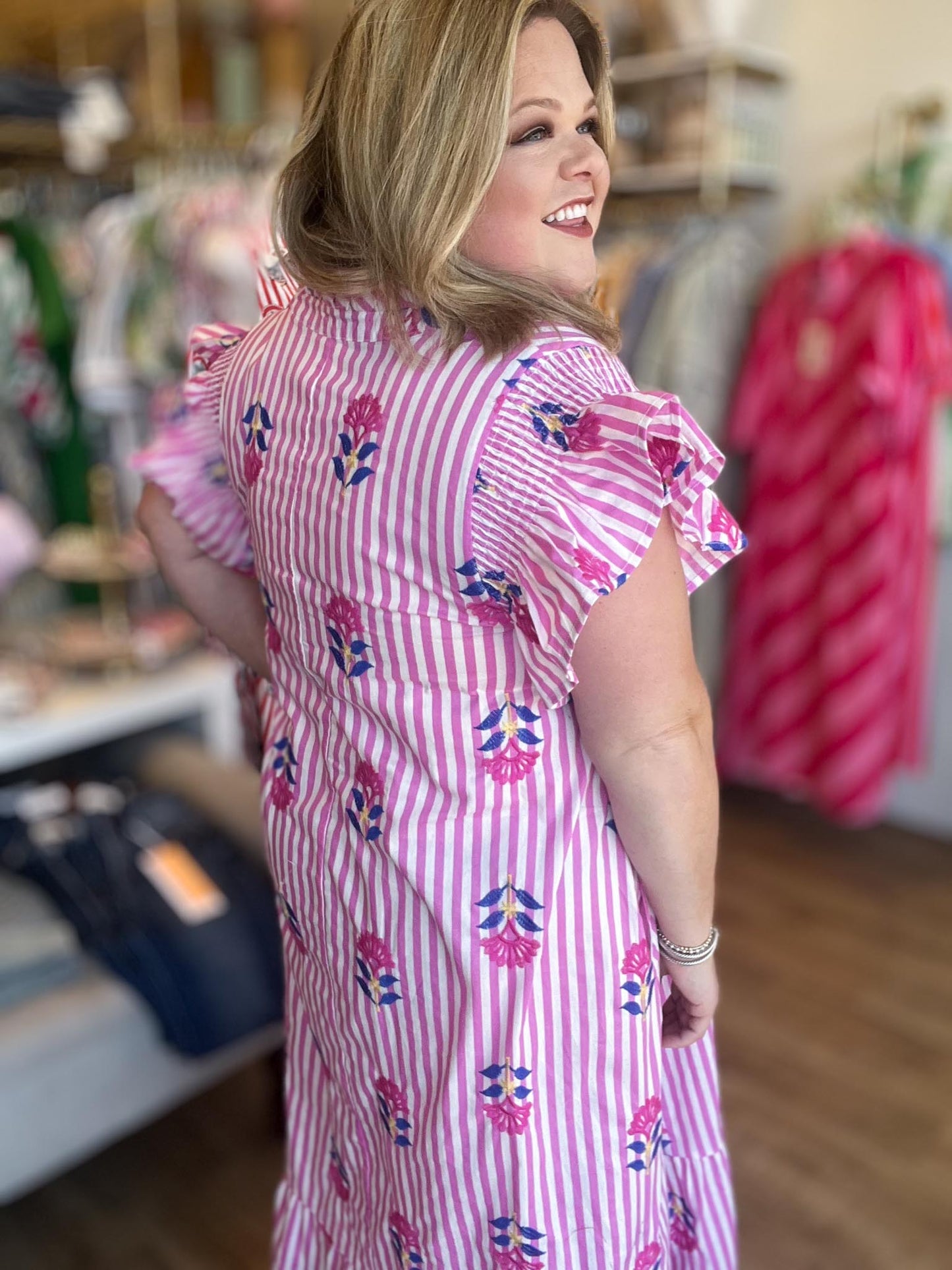 Tropical Taffy Curvy Pink Stripe Embroidered Midi Dress