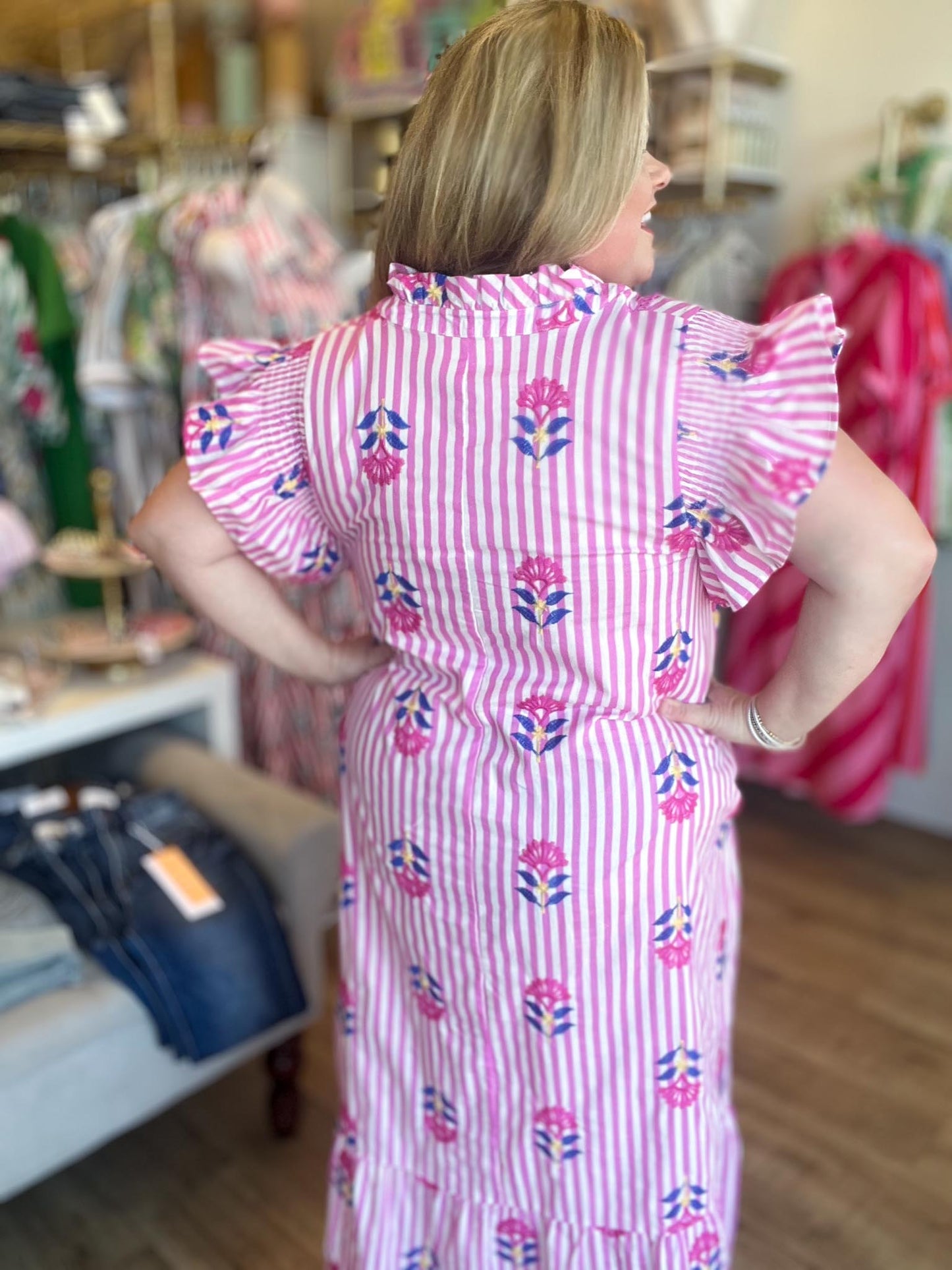 Tropical Taffy Curvy Pink Stripe Embroidered Midi Dress