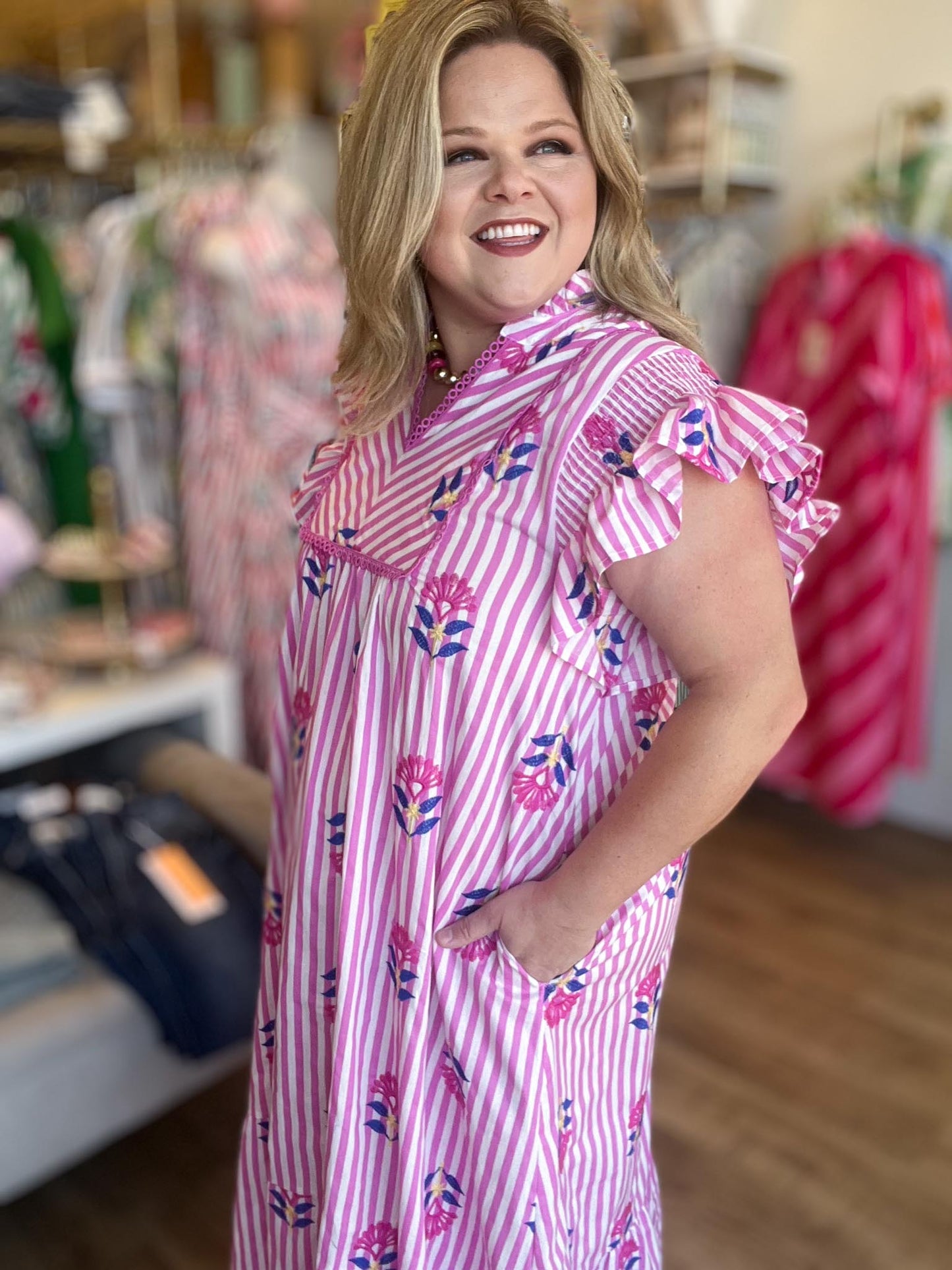 Tropical Taffy Curvy Pink Stripe Embroidered Midi Dress