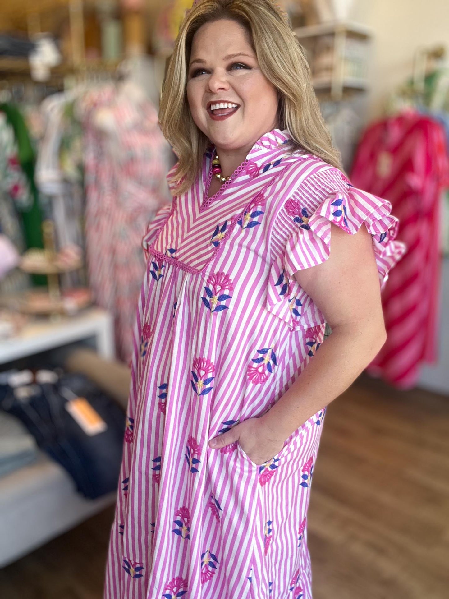 Tropical Taffy Curvy Pink Stripe Embroidered Midi Dress