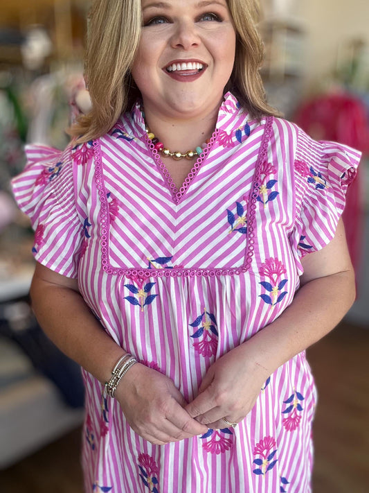 Tropical Taffy Curvy Pink Stripe Embroidered Midi Dress