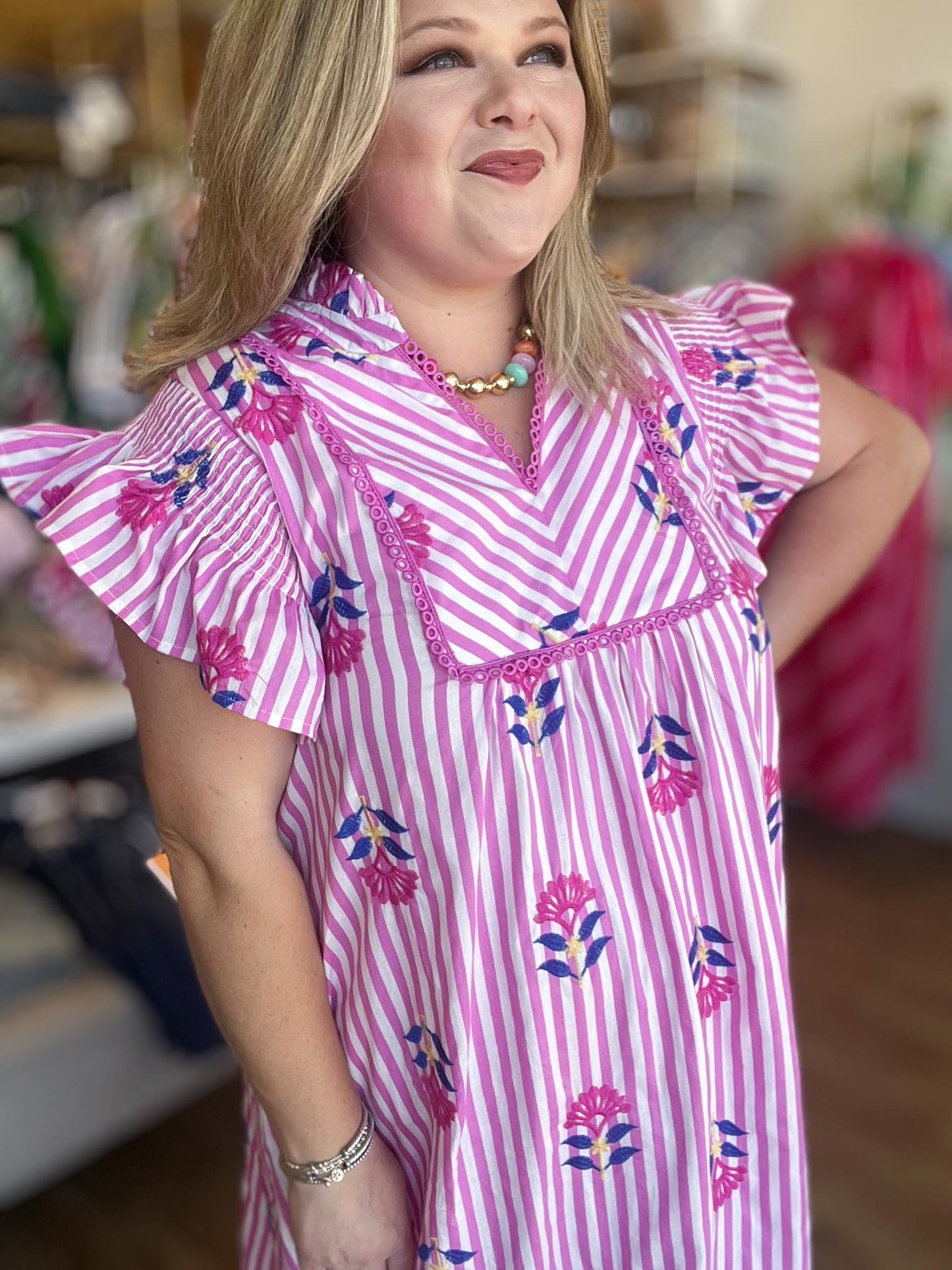 Tropical Taffy Curvy Pink Stripe Embroidered Midi Dress