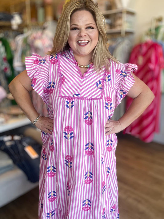 Tropical Taffy Curvy Pink Stripe Embroidered Midi Dress