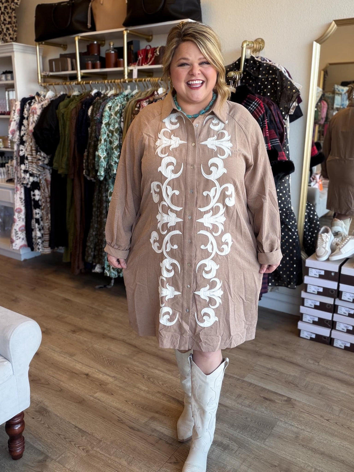 Uptown Rodeo Plus-Size Camel Embroidered Mini Dress
