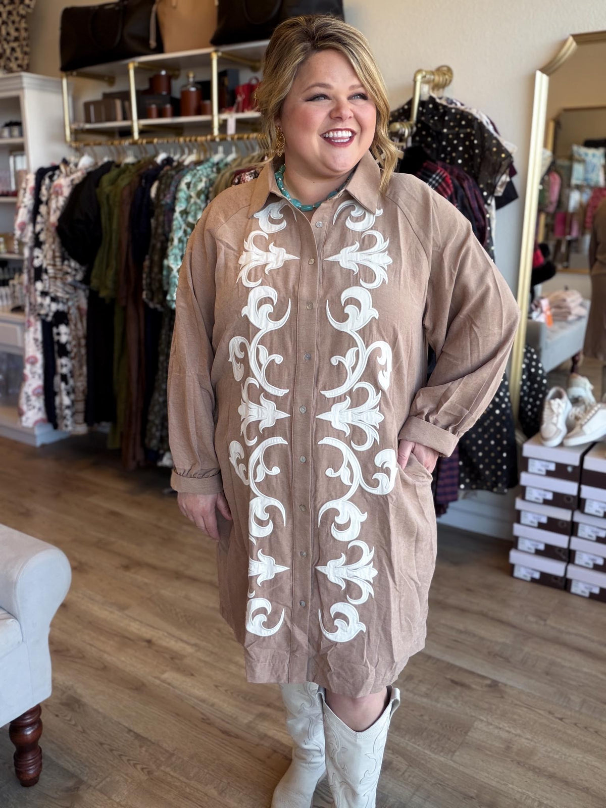 Uptown Rodeo Plus-Size Camel Embroidered Mini Dress