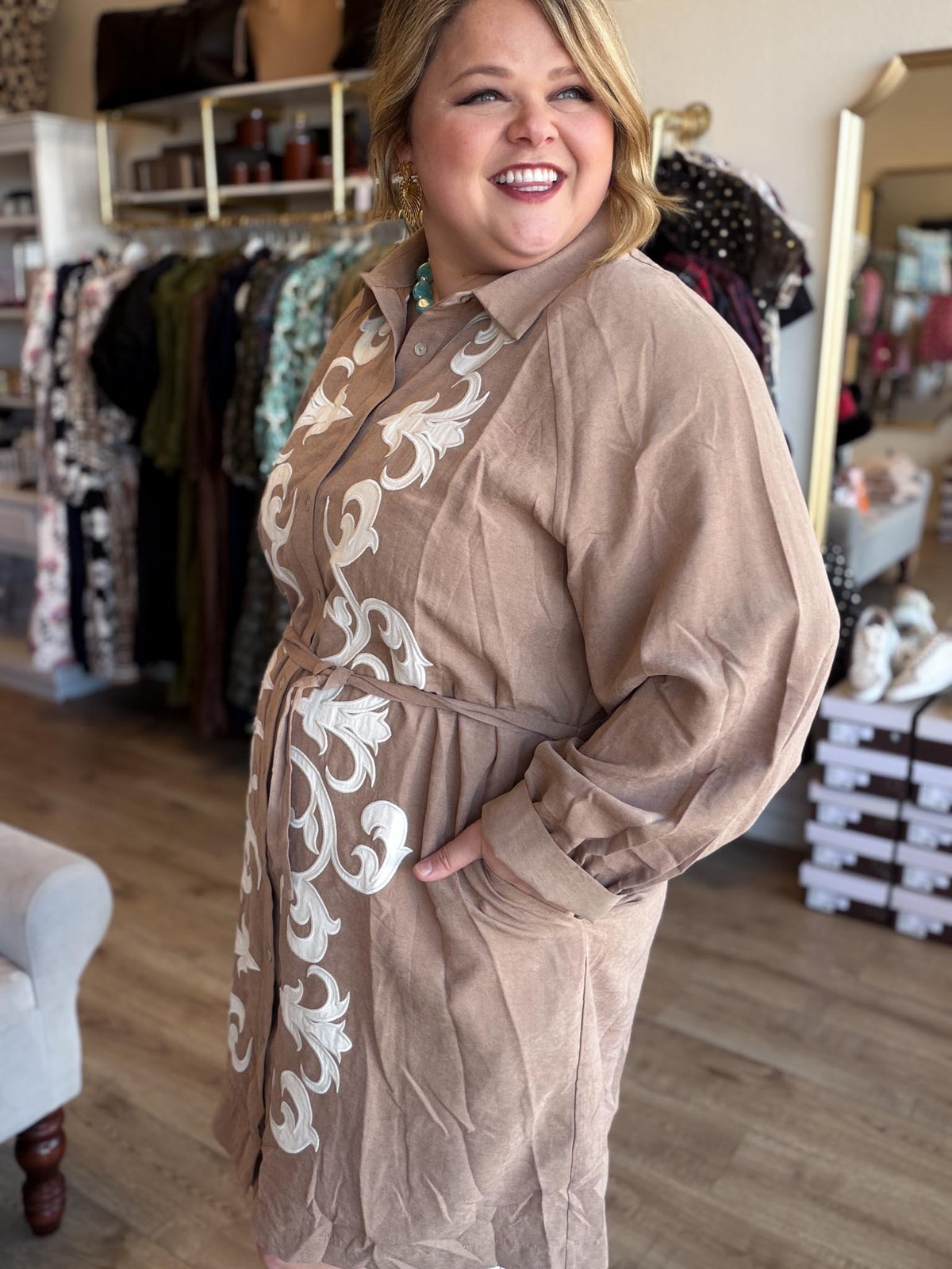 Uptown Rodeo Plus-Size Camel Embroidered Mini Dress