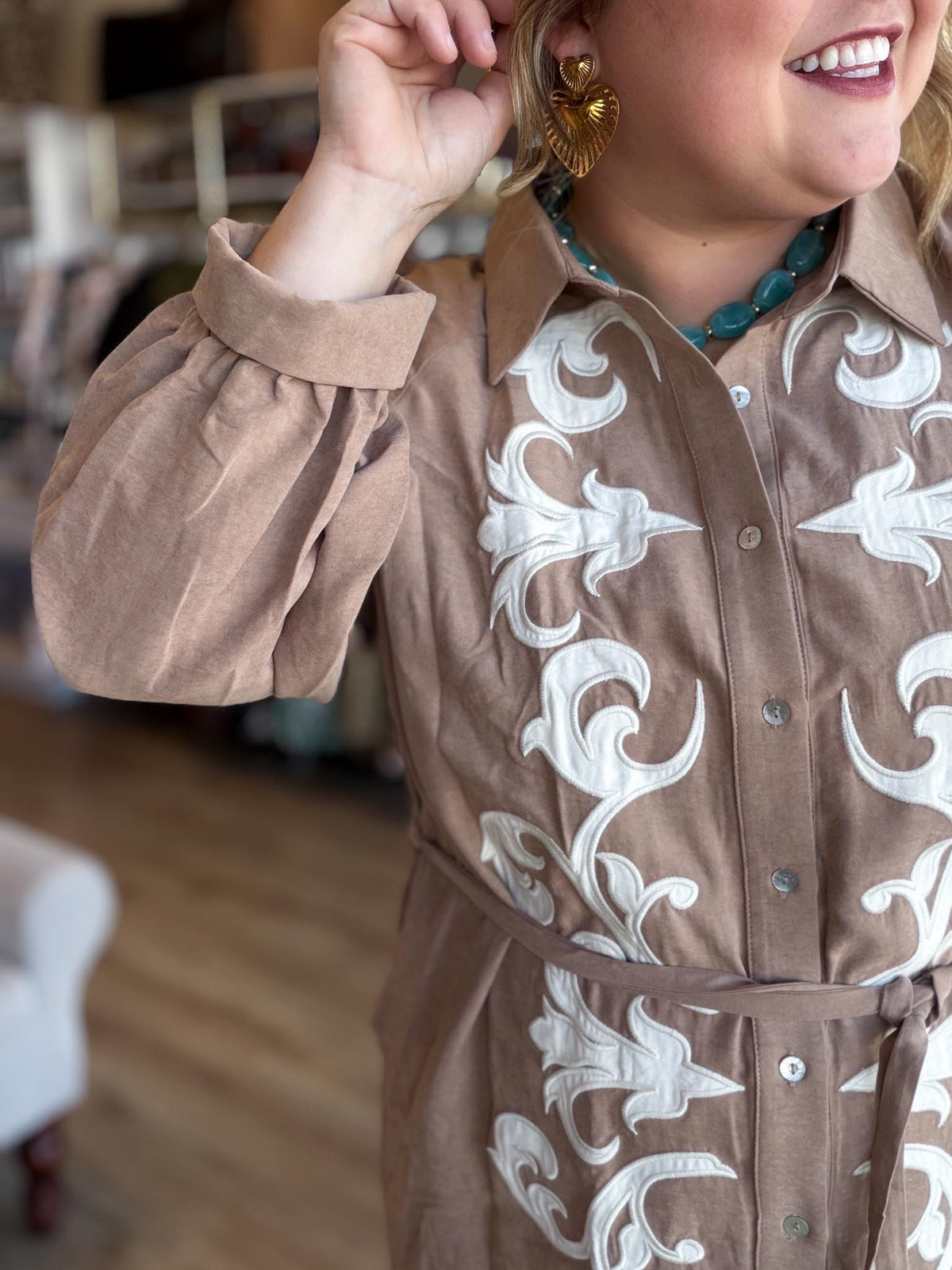 Uptown Rodeo Plus-Size Camel Embroidered Mini Dress