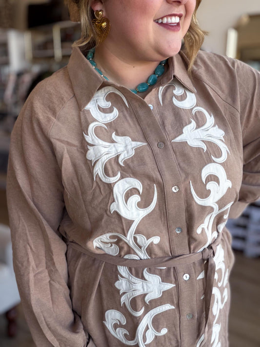 Uptown Rodeo Plus-Size Camel Embroidered Mini Dress