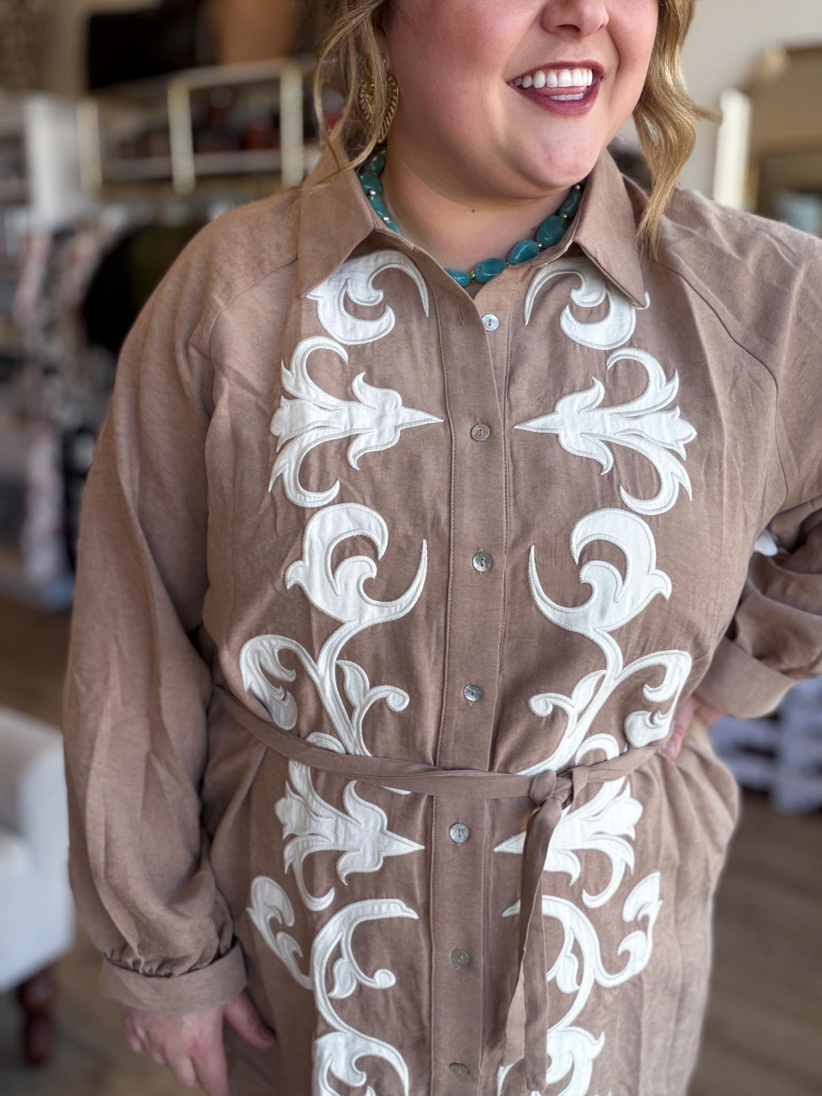 Uptown Rodeo Plus-Size Camel Embroidered Mini Dress