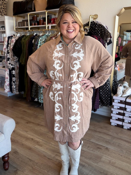 Uptown Rodeo Plus-Size Camel Embroidered Mini Dress