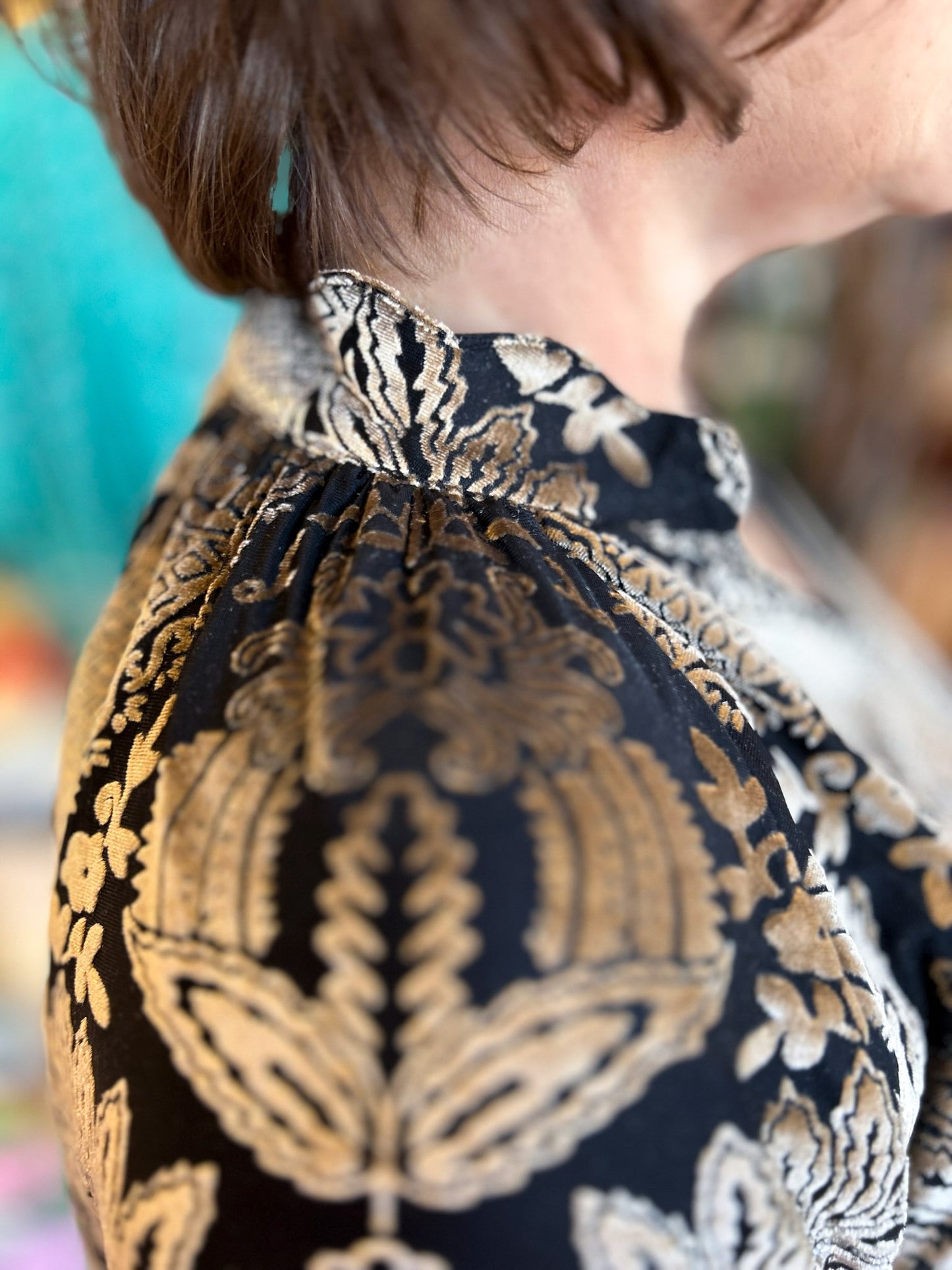 Velvet Fireside Curvy Black & Gold Damask Top