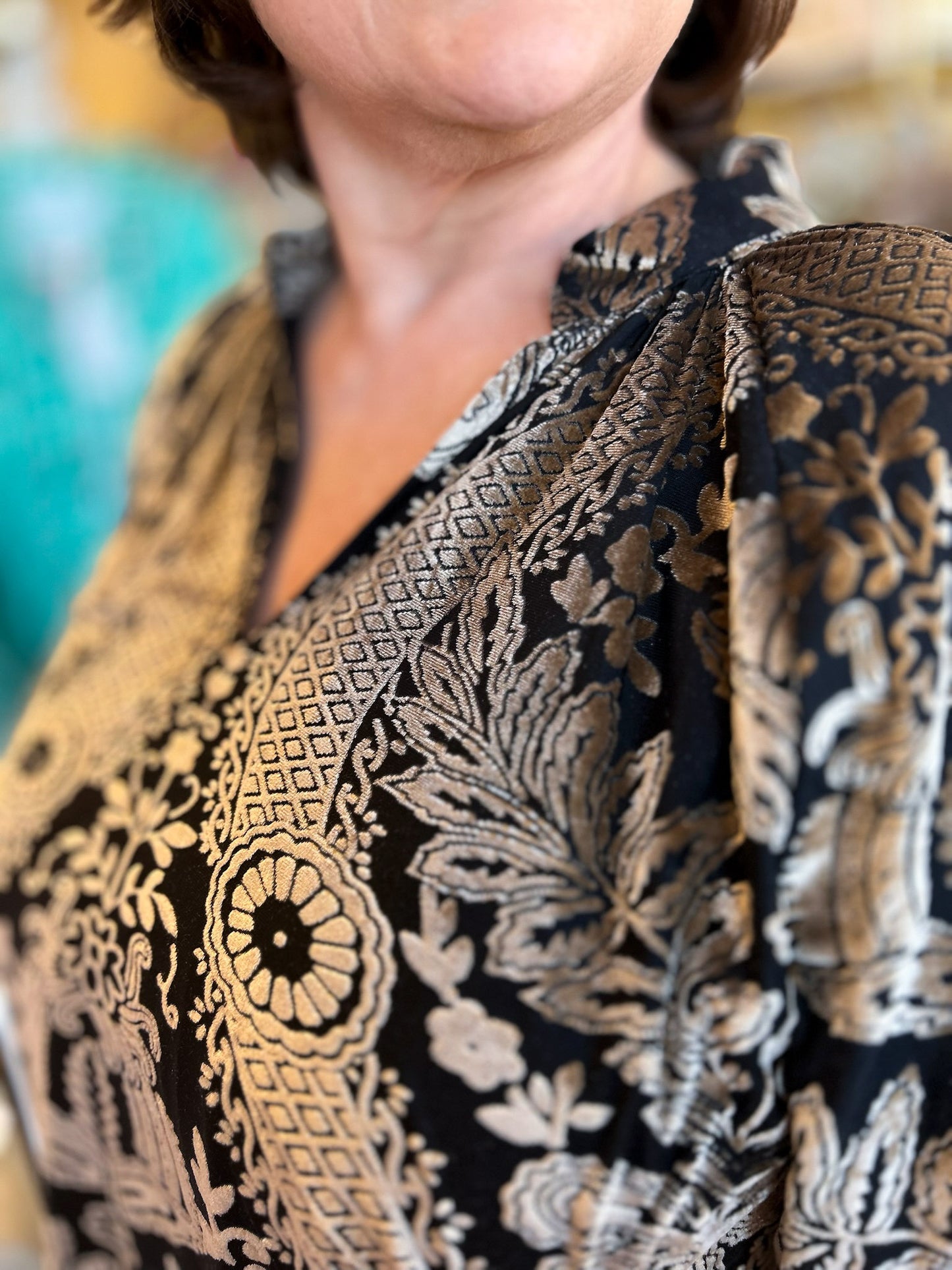 Velvet Fireside Curvy Black & Gold Damask Top