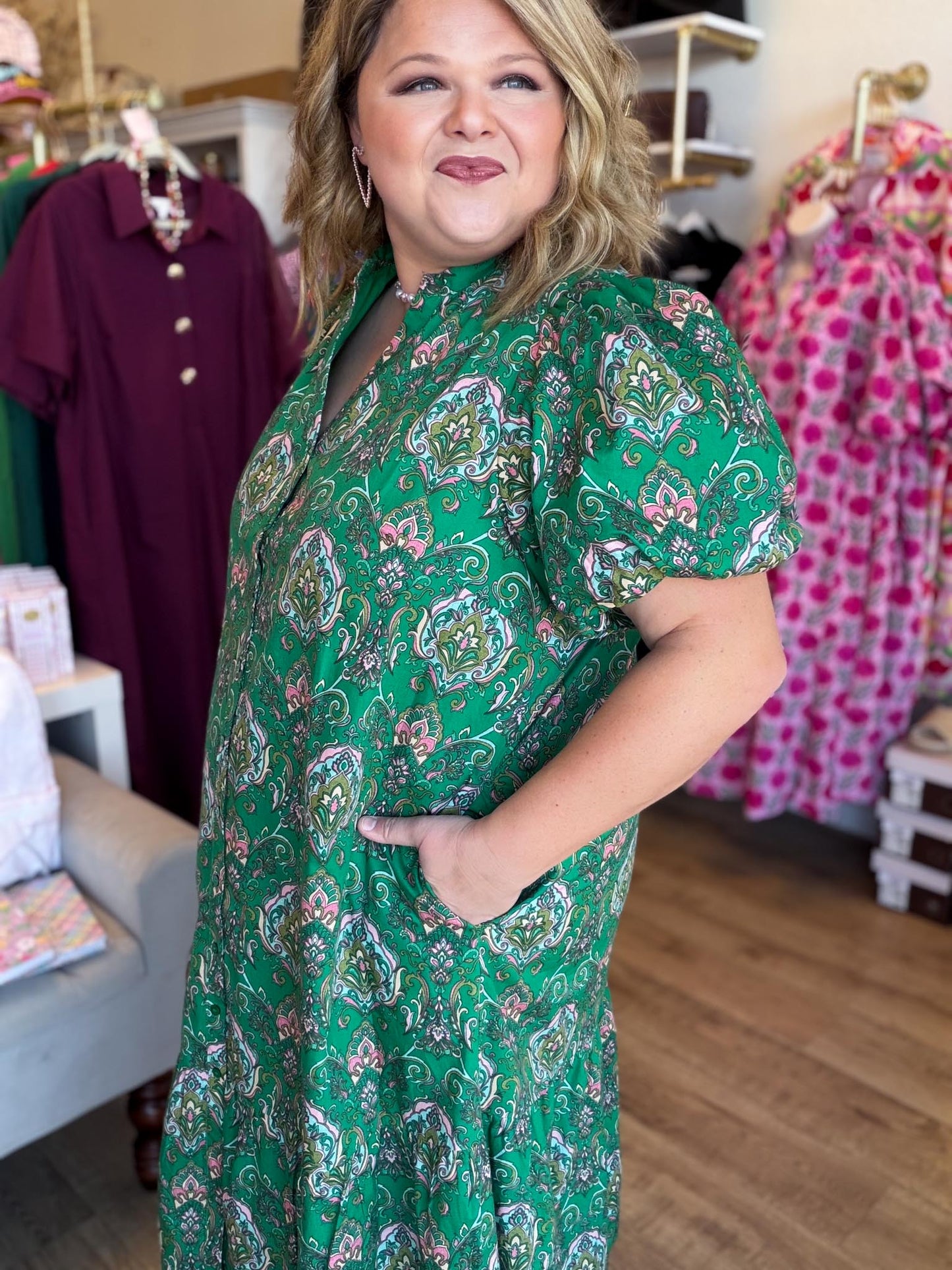 Vintage Vines Plus-Size Button Down Midi Dress