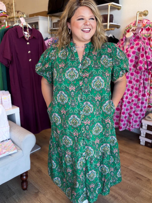 Vintage Vines Plus-Size Button Down Midi Dress