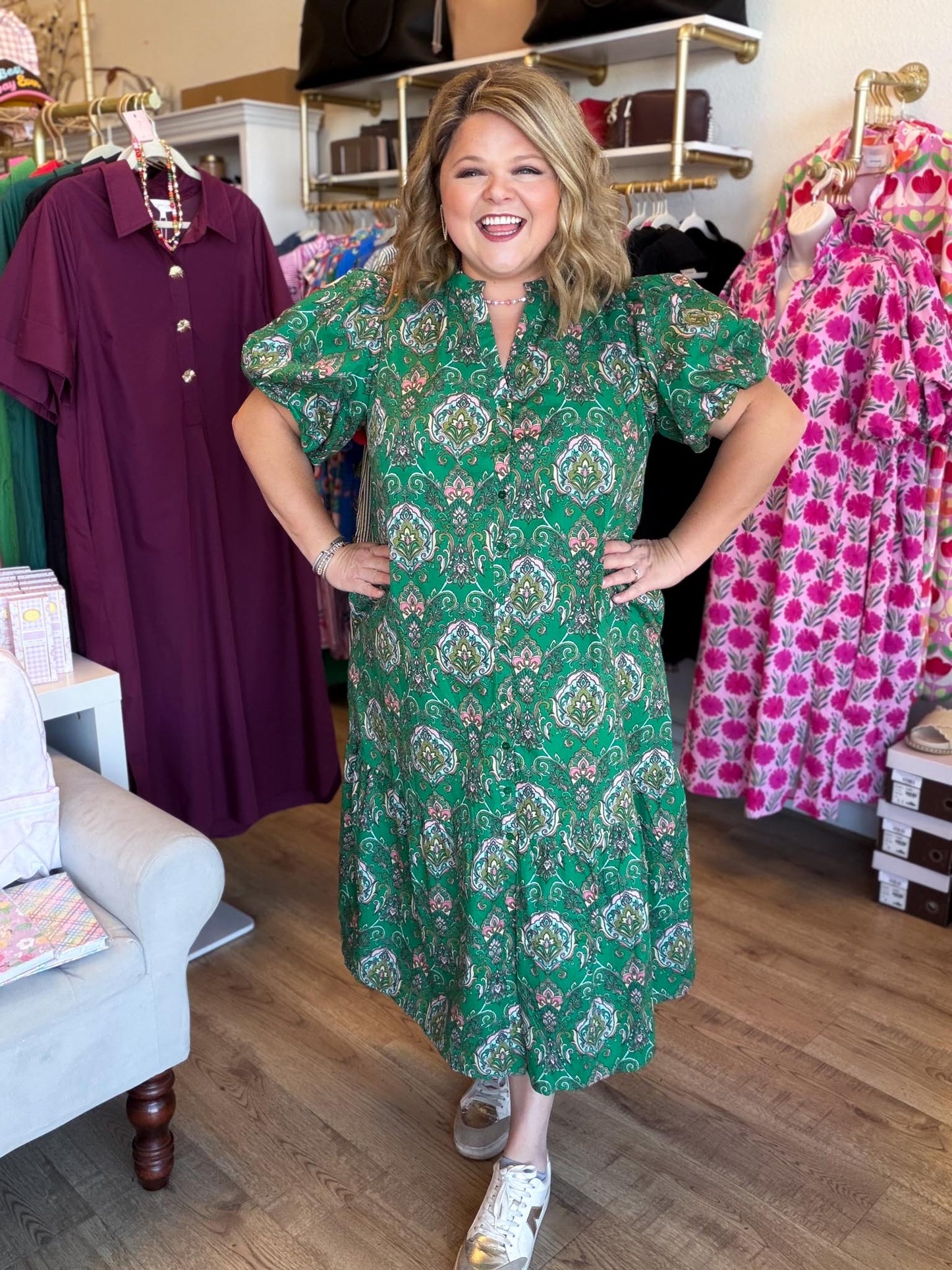 Vintage Vines Plus-Size Button Down Midi Dress