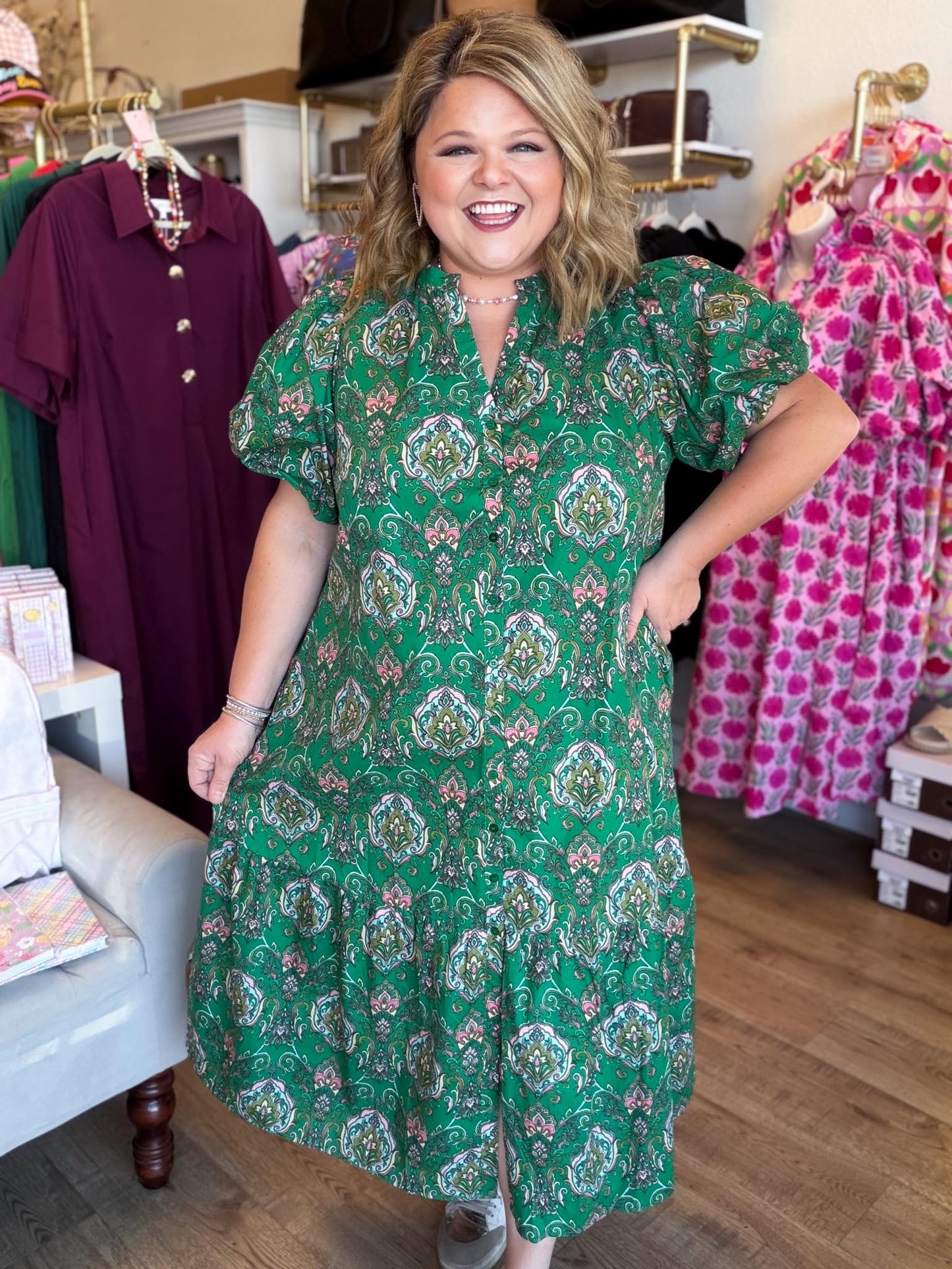 Vintage Vines Plus-Size Button Down Midi Dress