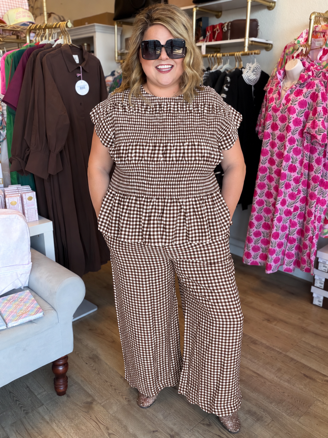 Smocked Sass Curvy Brown and White Gingham Pant Set