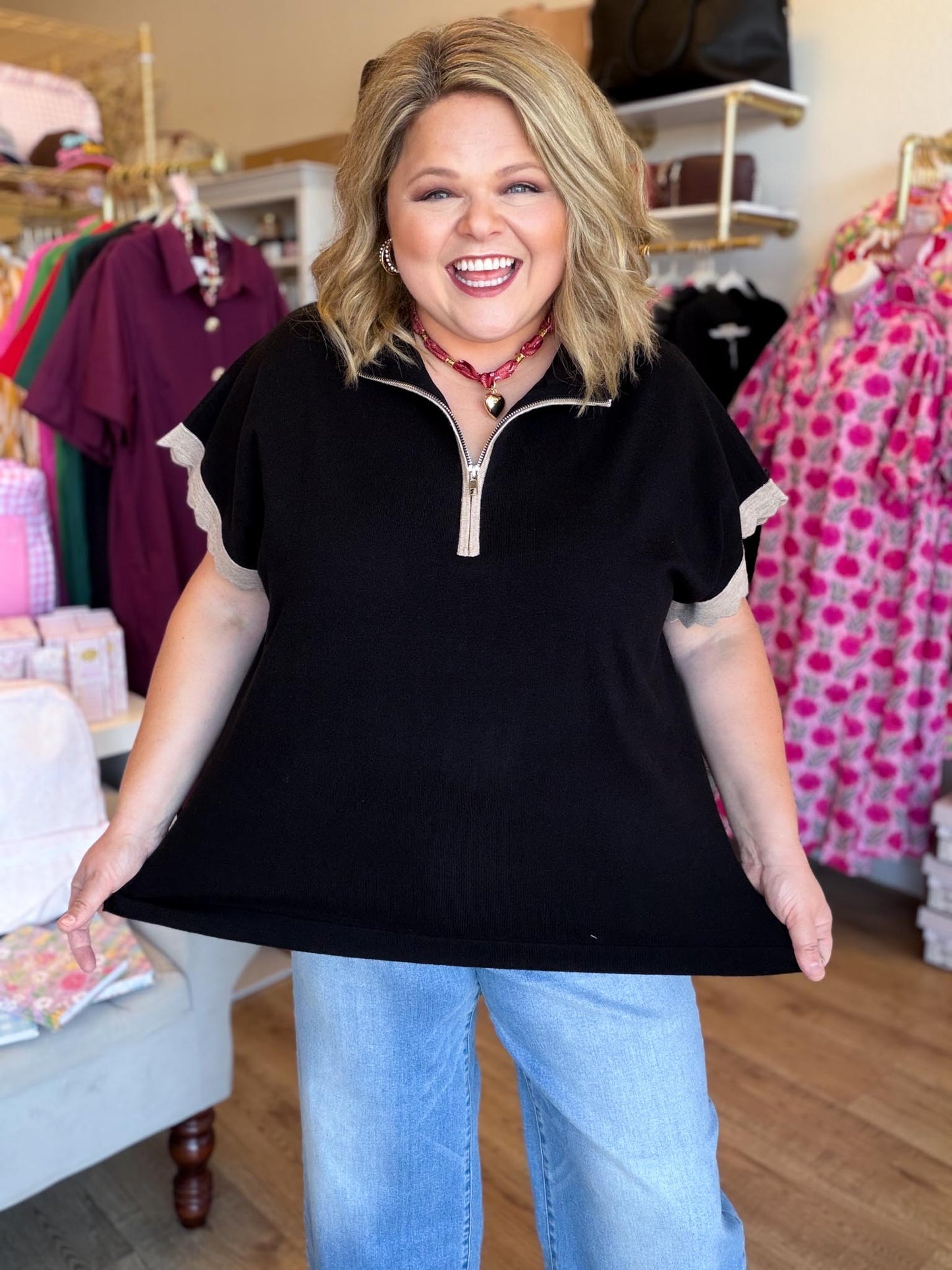 Weekend Retreat Curvy Black Half Zip Top