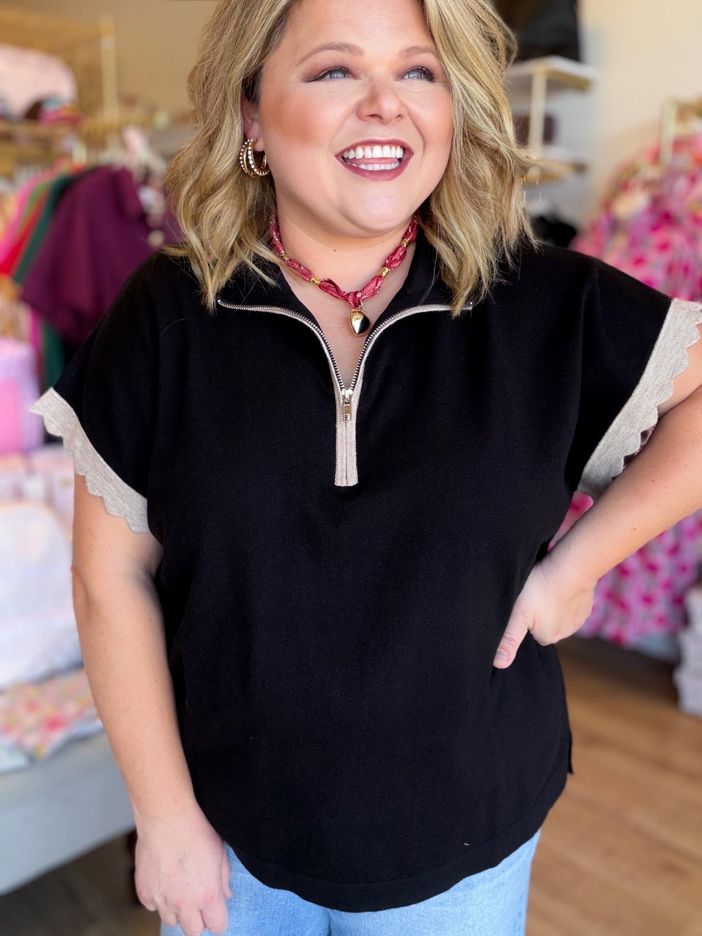 Weekend Retreat Curvy Black Half Zip Top