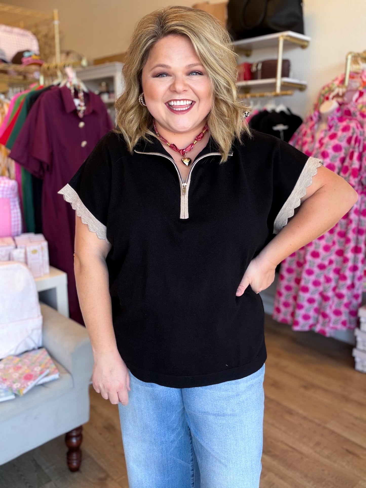 Weekend Retreat Curvy Black Half Zip Top