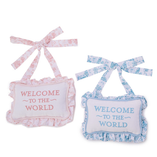 "Welcome to the World" Blue Toile Embroidered Ruffle Pillow Door Hanger