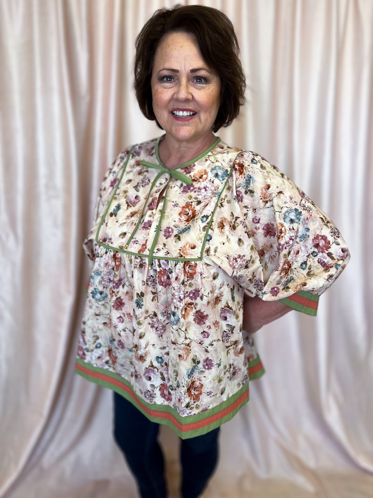 Whimsy Wisteria Curvy Ecru Floral Top