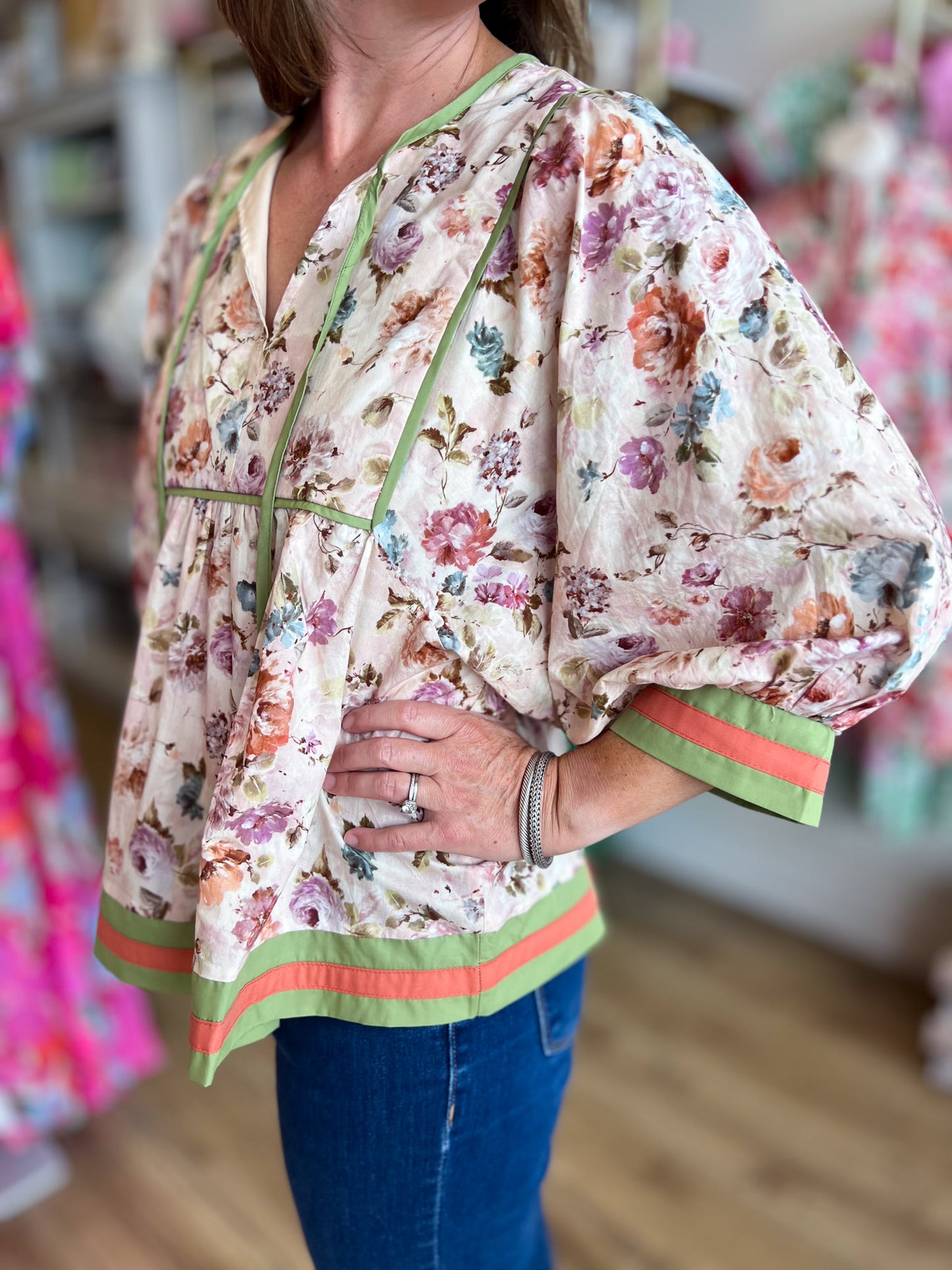 Whimsy Wisteria Curvy Ecru Floral Top