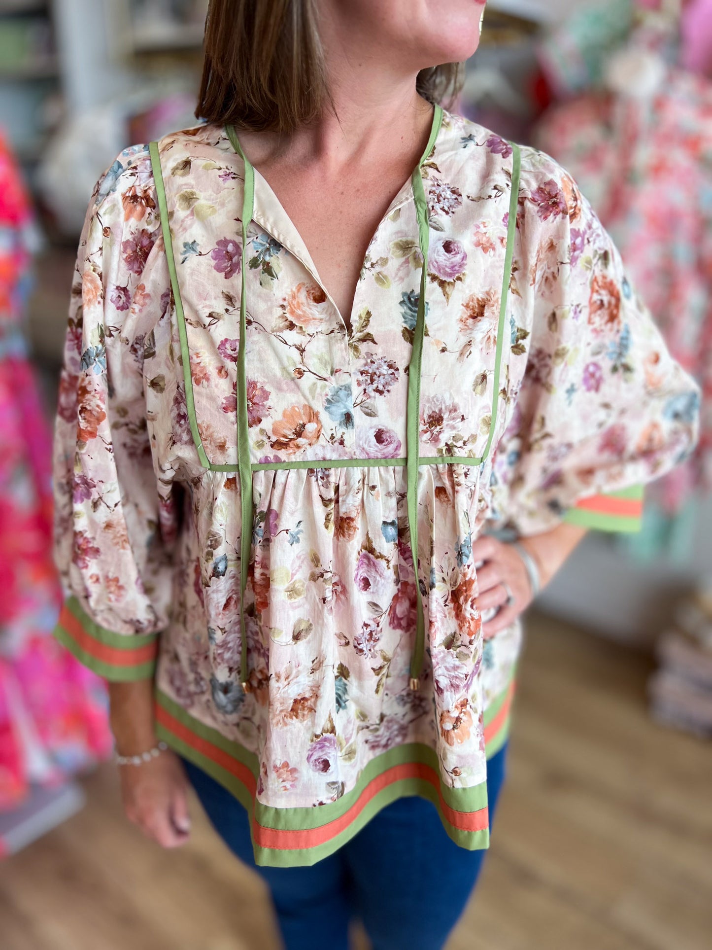 Whimsy Wisteria Curvy Ecru Floral Top