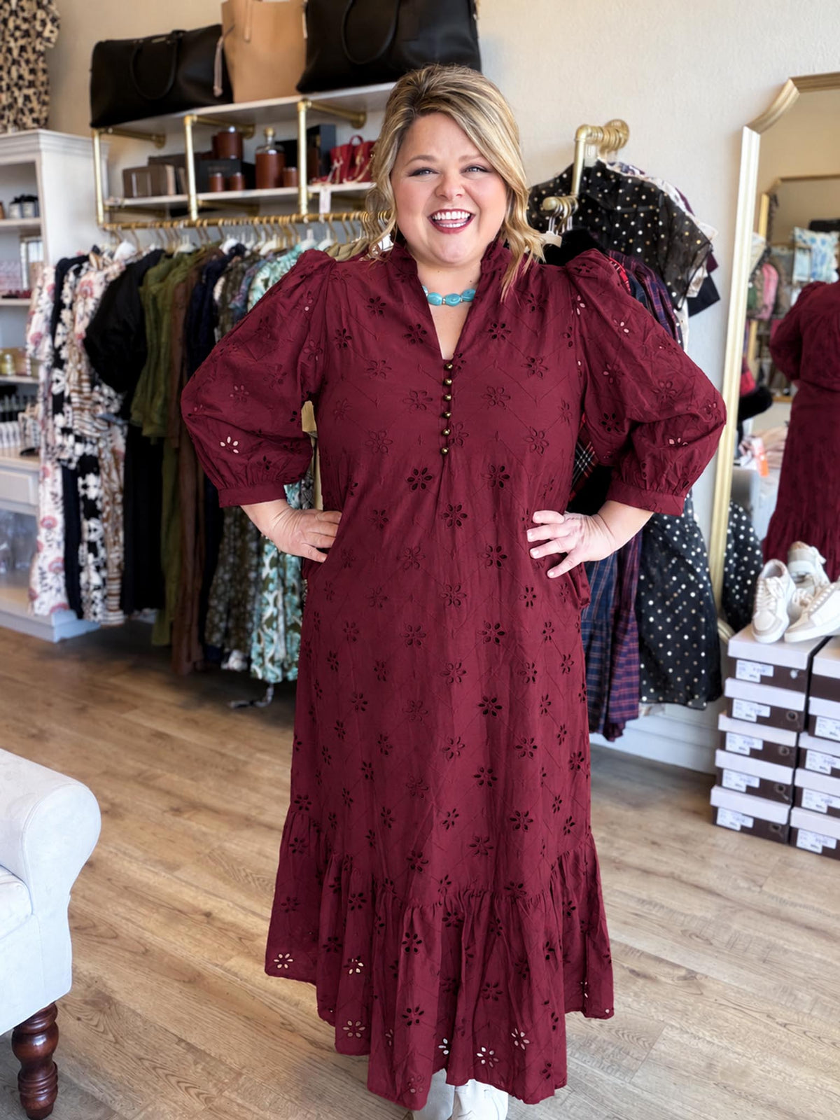 Whispers of Winter Burgundy Eyelet Midi Dress
