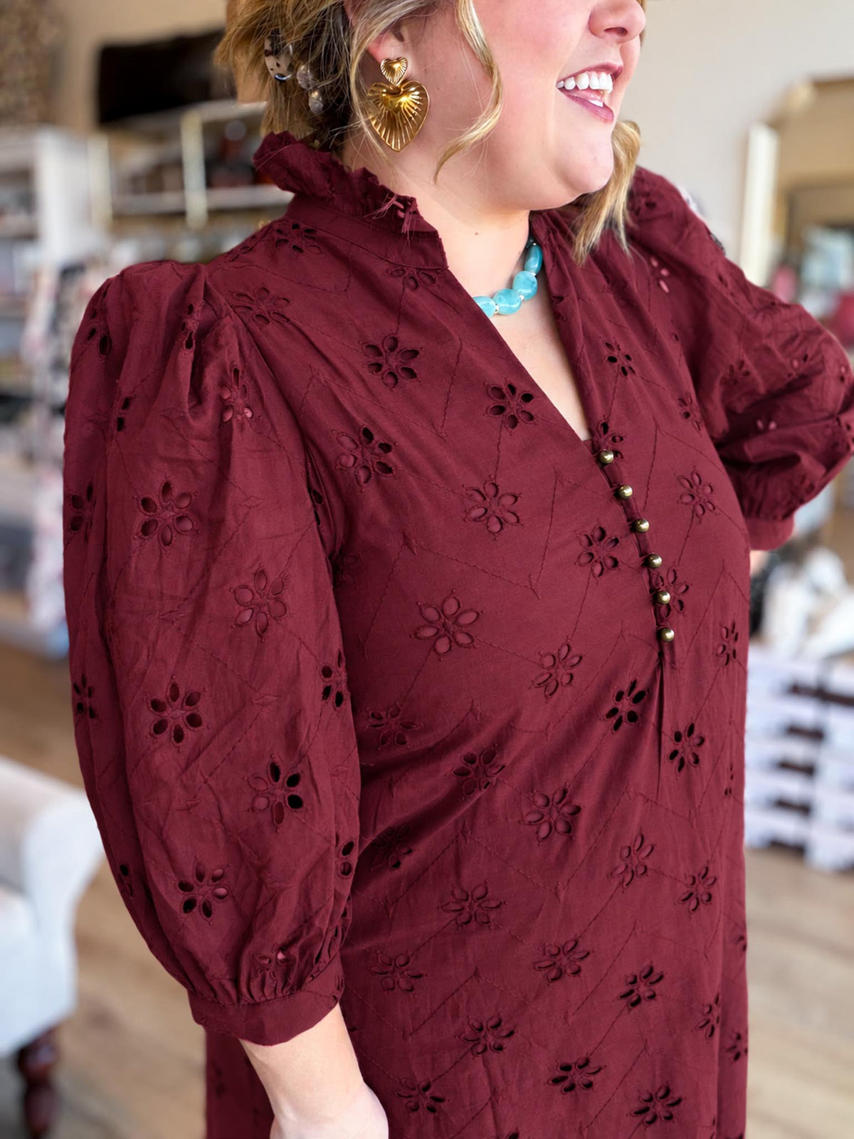 Whispers of Winter Burgundy Eyelet Midi Dress