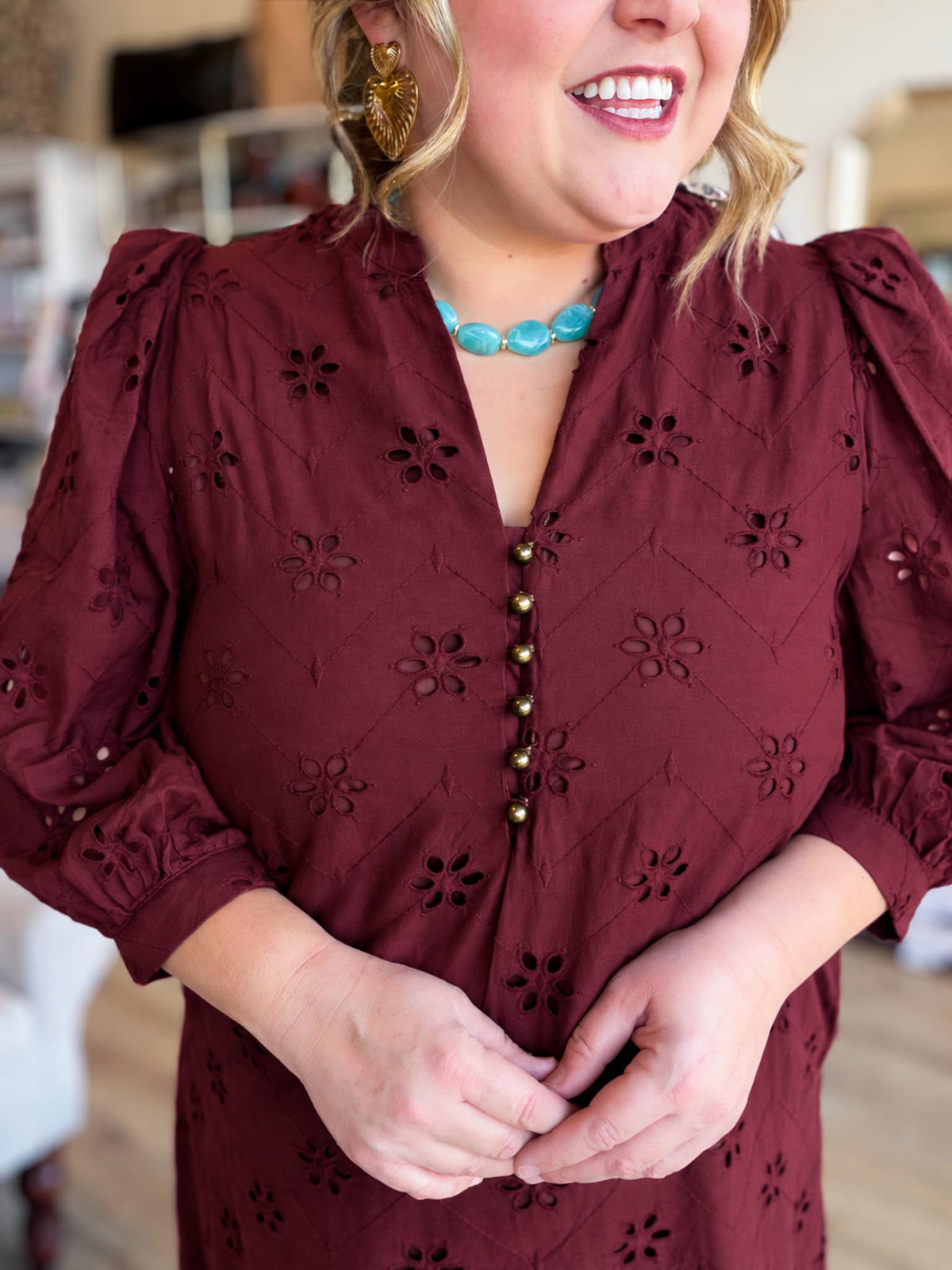 Whispers of Winter Burgundy Eyelet Midi Dress