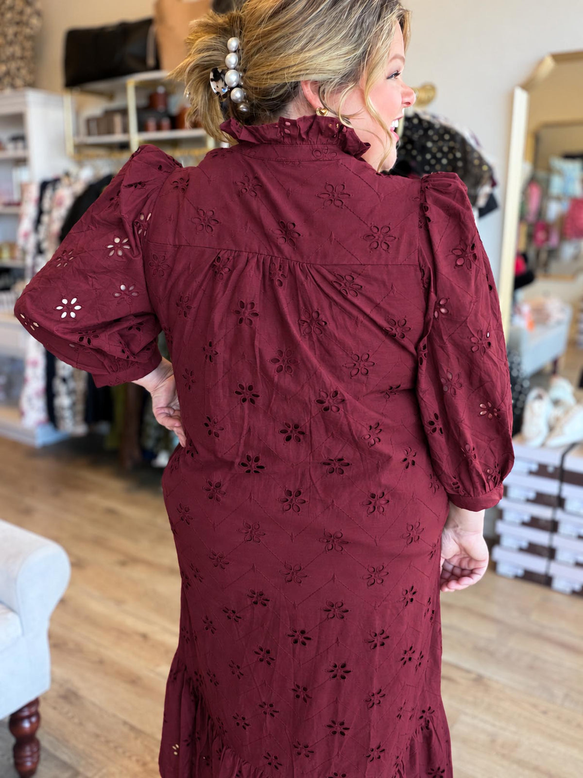 Whispers of Winter Burgundy Eyelet Midi Dress