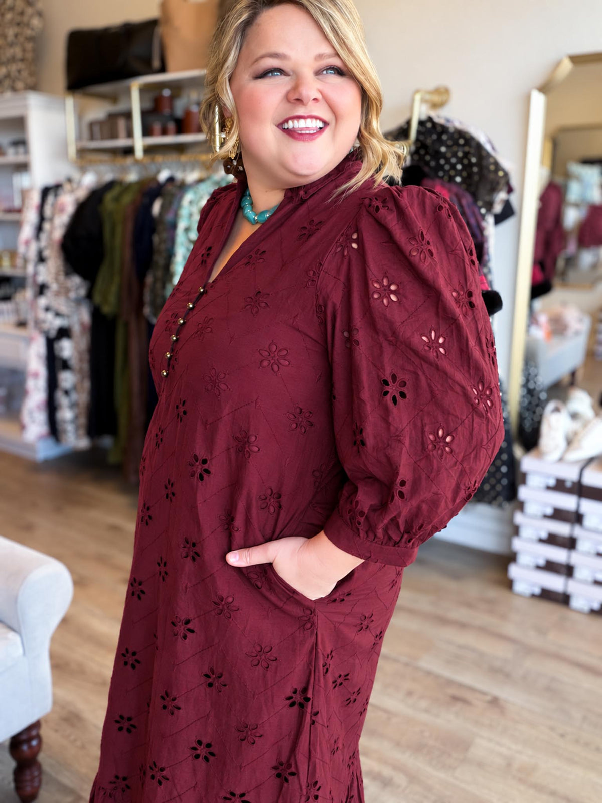 Whispers of Winter Burgundy Eyelet Midi Dress