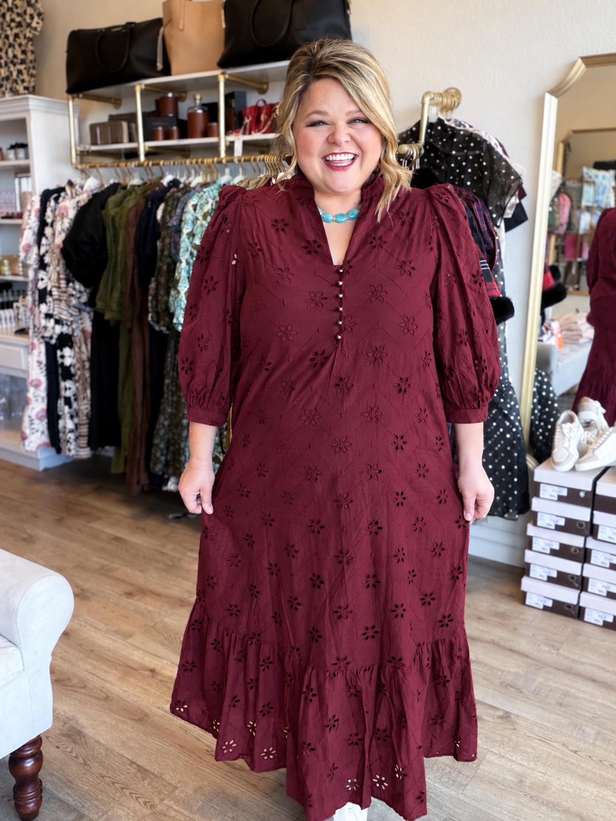 Whispers of Winter Burgundy Eyelet Midi Dress