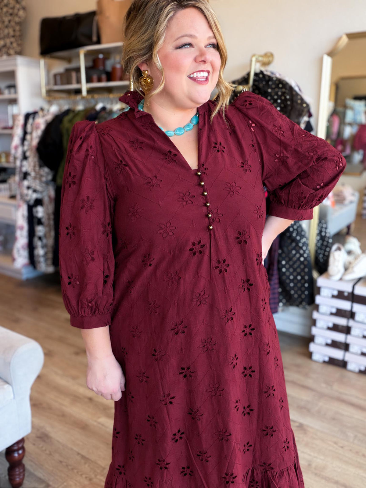 Whispers of Winter Burgundy Eyelet Midi Dress