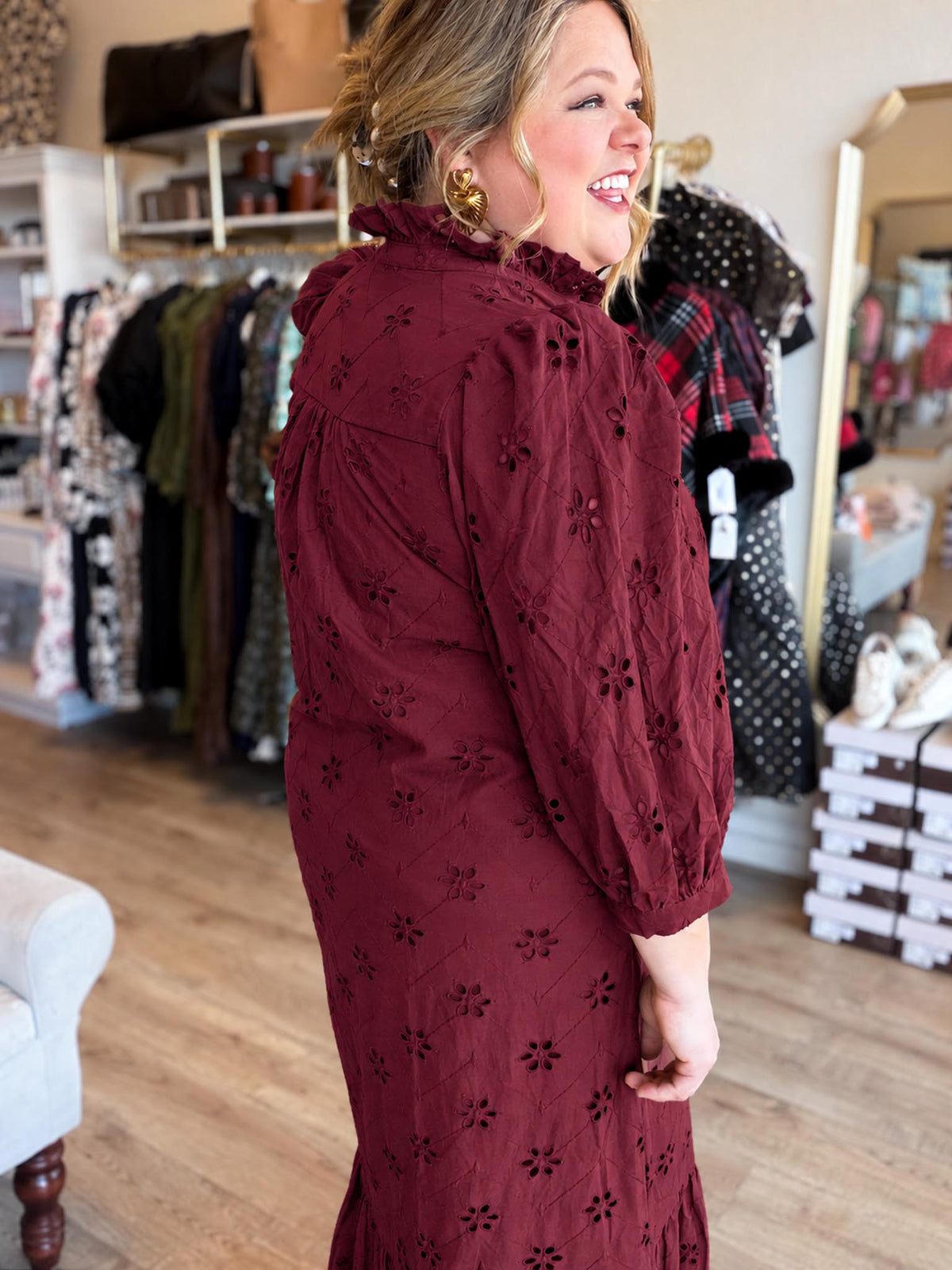 Whispers of Winter Burgundy Eyelet Midi Dress