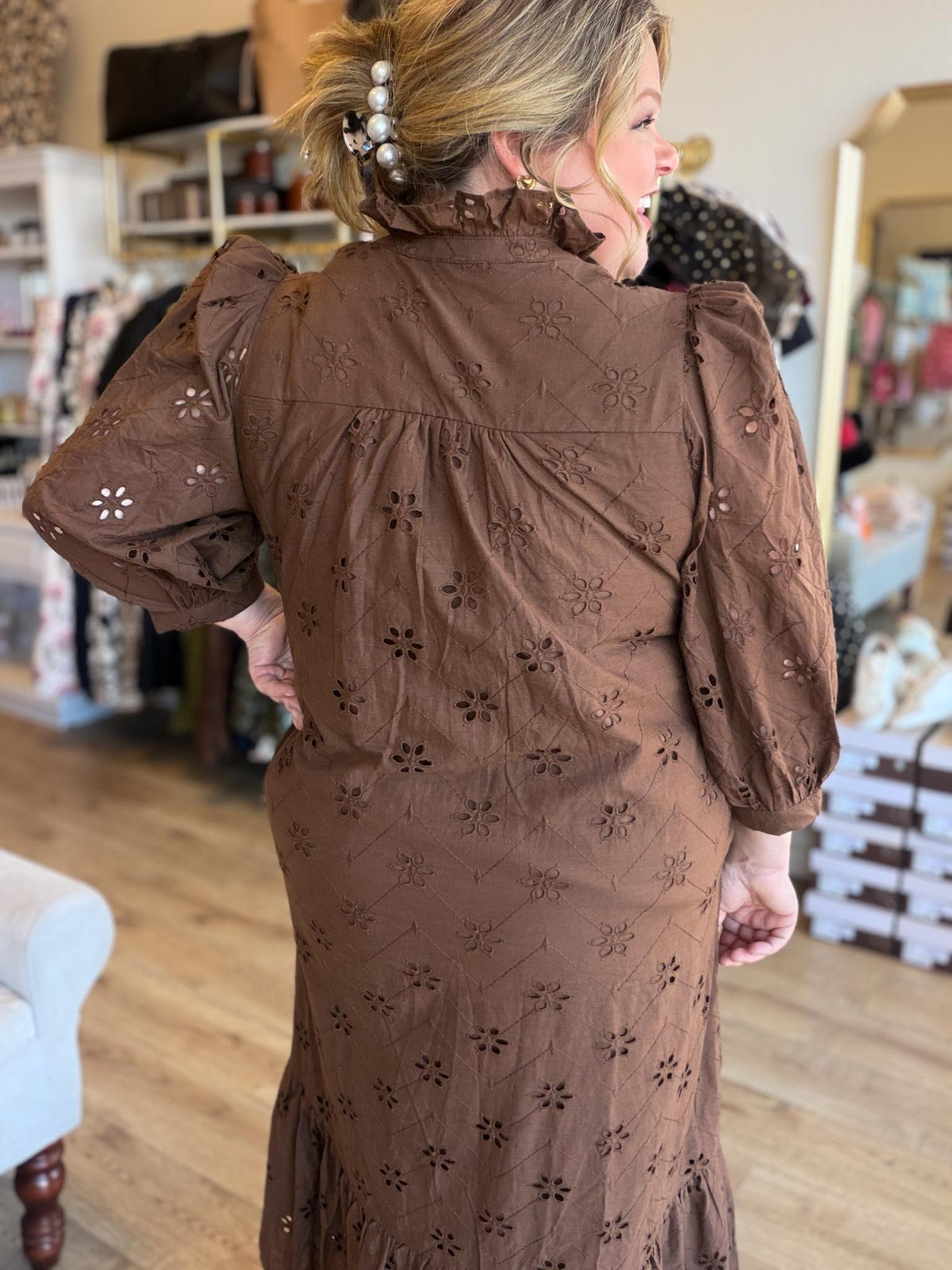 Whispers of Winter Curvy Brown Eyelet Midi Dress