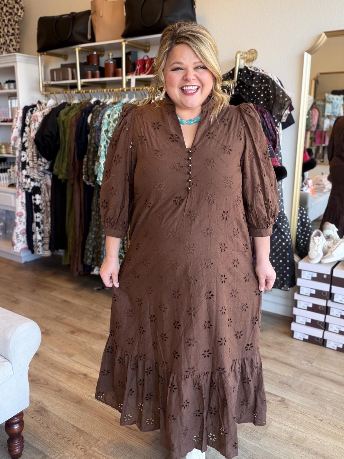 Whispers of Winter Curvy Brown Eyelet Midi Dress