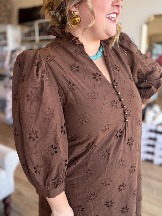 Whispers of Winter Curvy Brown Eyelet Midi Dress