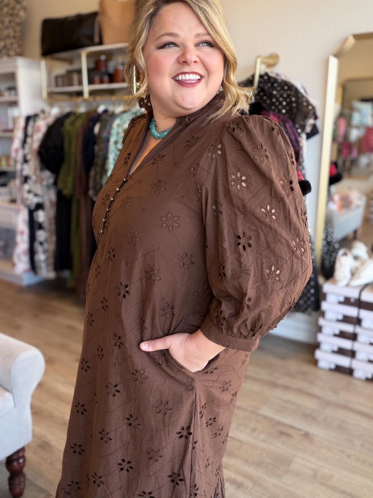 Whispers of Winter Curvy Brown Eyelet Midi Dress