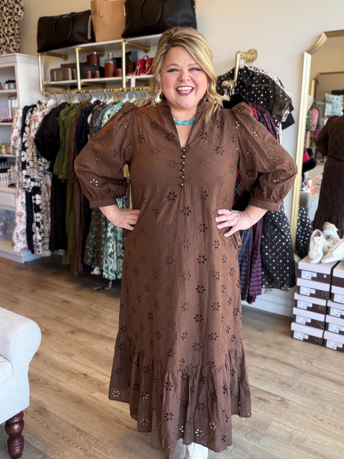 Whispers of Winter Curvy Brown Eyelet Midi Dress