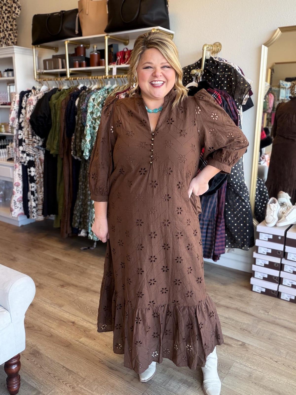 Whispers of Winter Curvy Brown Eyelet Midi Dress