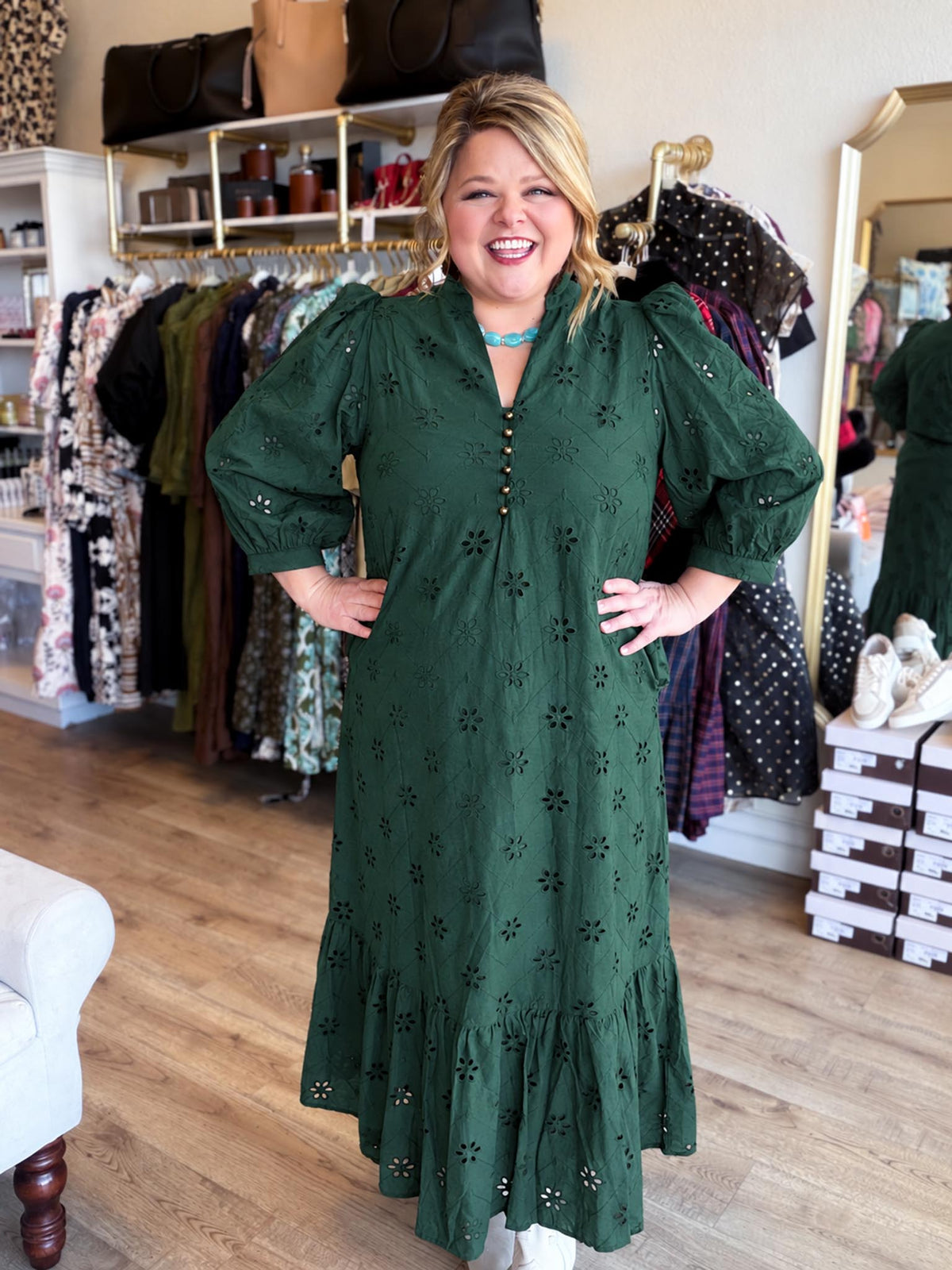 Whispers of Winter Curvy Dark Green Eyelet Midi Dress