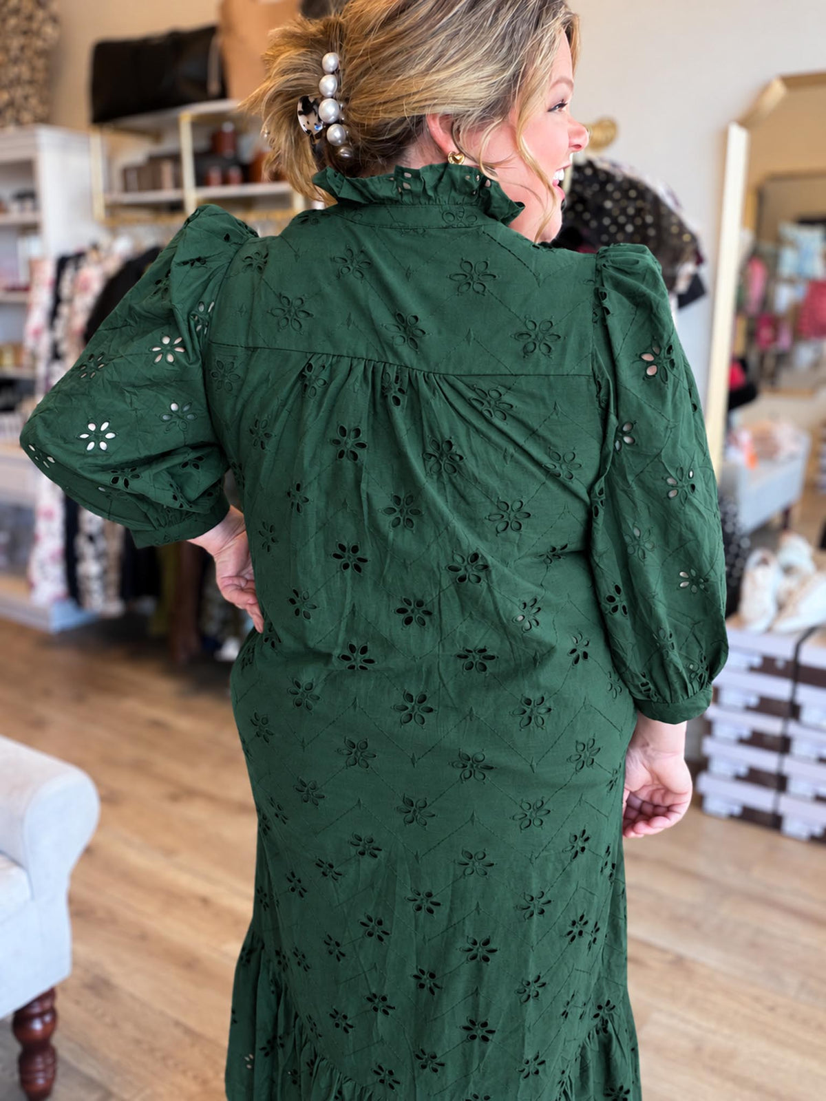 Whispers of Winter Curvy Dark Green Eyelet Midi Dress